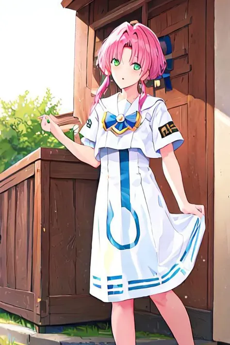 akarim, pink hair, hair tubes, green eyes, white dress, sailor collar