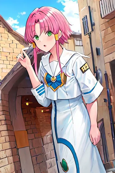 akarim, pink hair, hair tubes, green eyes, white dress, sailor collar