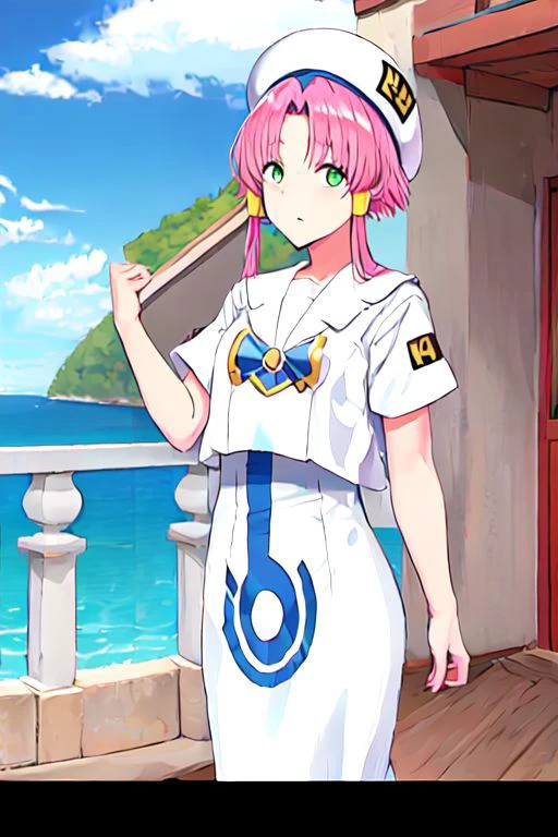 akarim, pink hair, hair tubes, green eyes, white dress, sailor collar