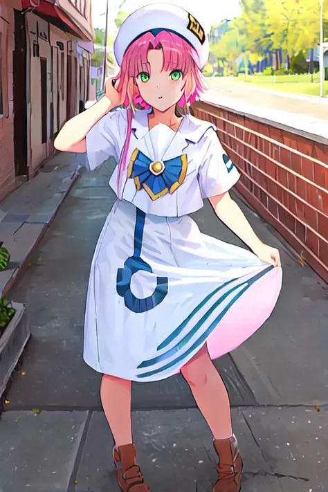 akarim, pink hair, hair tubes, green eyes, white dress, sailor collar