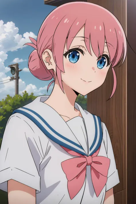 <lora:gotoumichiyolora:0.7> gotoumichiyo,
masterpiece, best quality, absurdres, outdoors, sailor outfit, upper body, looking at viewer, smile, blush