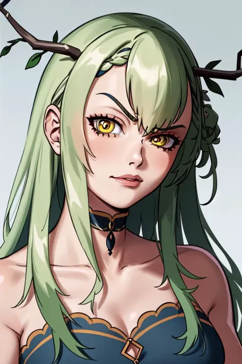 masterpiece, best quality, absurdres, perfect anatomy, 1girl, solo, Ceres Fauna, antlers, long hair, braided bangs, hair flower, blue dress, (RocksEyebrowRaise, portrait, raised eyebrow, thick eyebrows),  <lyco:RocksEyebrowRaise:1.0>