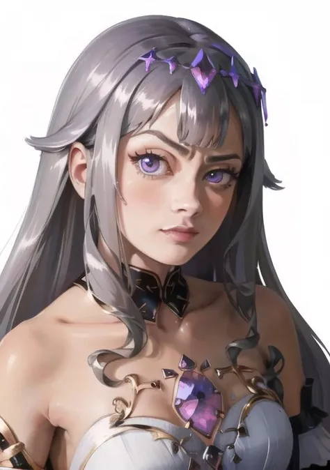 <lora:KosekiBijou:0.8> <lora:RocksEyebrowRaise:1> Highly detailed, High Quality, Masterpiece, beautiful, KosekiBijou, hair ornament, white dress, strapless dress, crystal, detached sleeves, asymmetrical sleeves, portrait, raised eyebrow, thick eyebrows, RocksEyebrowRaise, one eyebrow raised