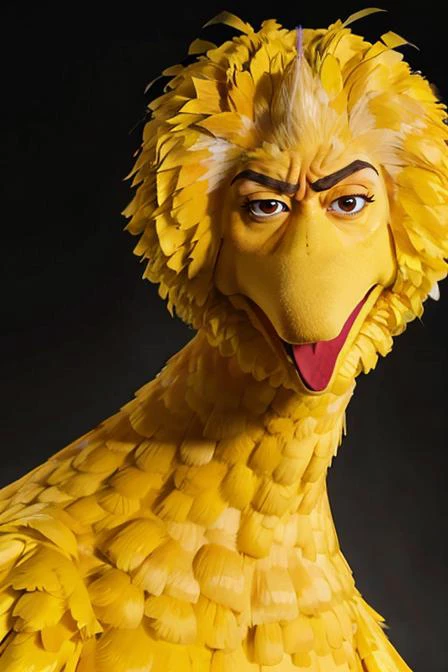 <lora:RocksEyebrowRaise:0.95> RocksEyebrowRaise, portrait, raised eyebrow, thick eyebrows,  <lora:Bigbird:0.3> Bigbird,  1 yellow mascot