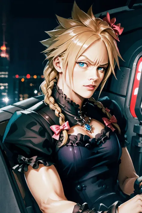 masterpiece:1.2, best quality, <lora:RocksEyebrowRaise:1.0>, Cloud Strife, crossdressing, twin braids, male focus, frilled dress, hair bow, RocksEyebrowRaise, raised eyebrow, thick eyebrows <lora:cloudstrife-nvwls-v1:0.8>, night, futuristic city, portrait, face focus