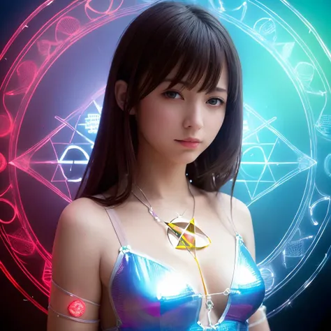 (best quality, masterpiece:1.2),ultra detailed,(photo realistic:1.4),solo,cute girl,see-through bodysuit,(colorful illumination:1.1),upper body,(summon light magic circle:1.3),luminescence_circle_background,<lora:SummonEffect_v1:0.4>,