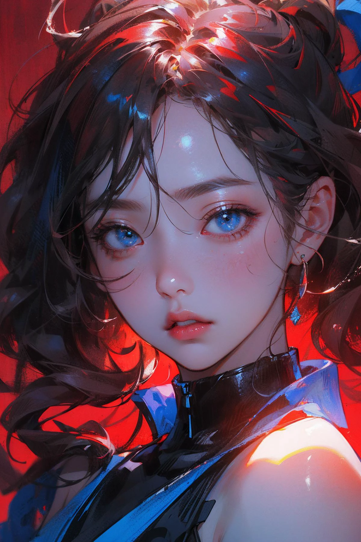 (runstyle), Draw a light on a blue, faced k-pop girl's face, (masterpiece:1.1),hi-res,4k,extremely delicate and beautiful art,pastel color,anime,beautiful detailed eyes,1 anime girl, in the style of dark Fluorescent, (light on red and blue), light bronze and indigo, lith printing, over, high contrast,Blink and miss details, Unique angle of view,