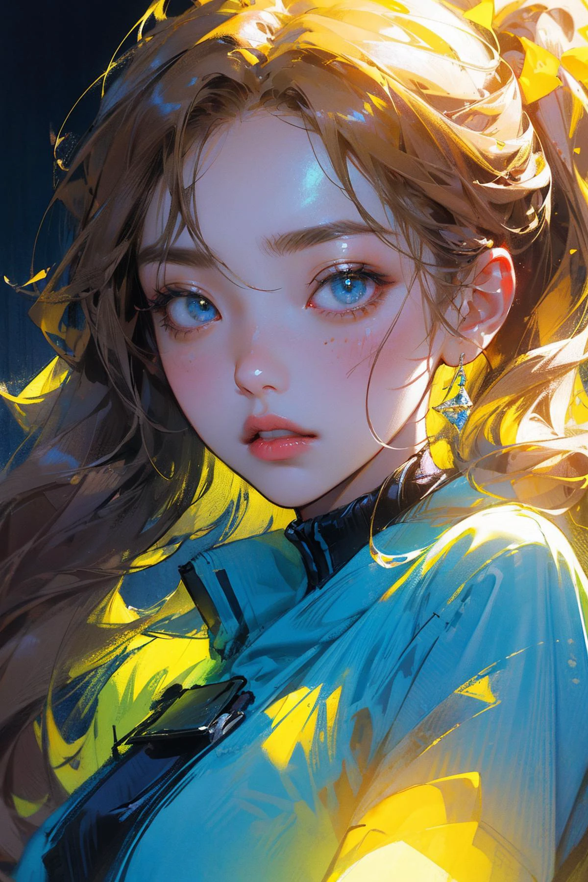 (runstyle), Draw a light on a blue, faced k-pop girl's face, (masterpiece:1.1),hi-res,4k,extremely delicate and beautiful art,pastel color,anime,beautiful detailed eyes,1 anime girl, in the style of dark Fluorescent, (light on yellow and blue), light bronze and indigo, lith printing, over, high contrast,Blink and miss details, Unique angle of view,