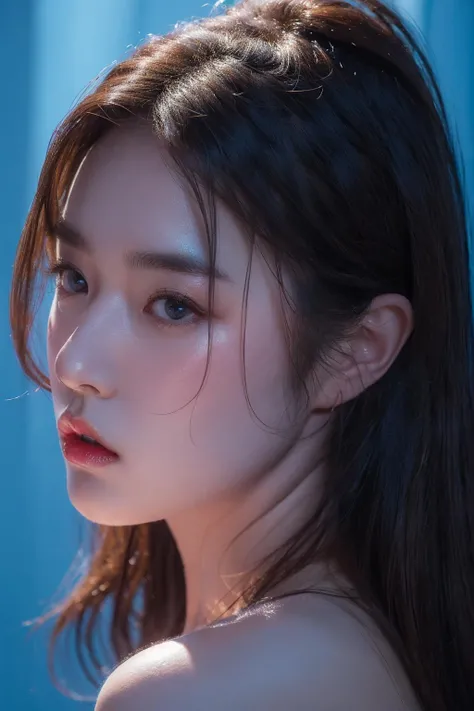 (runstyle), Draw a light on a blue, faced k-pop girl's face, (masterpiece:1.1),hi-res,4k,extremely delicate and beautiful art,pastel color,anime,beautiful detailed eyes,1 anime girl, in the style of dark Fluorescent, rose Red and blue, light bronze and indigo, lith printing, over, high contrast,Blink and miss details, Unique angle of view,