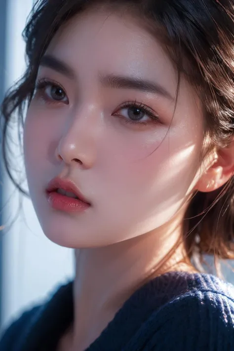 (runstyle), Draw a light on a blue, faced k-pop girl's face, (masterpiece:1.1),hi-res,4k,extremely delicate and beautiful art,pastel color,anime,beautiful detailed eyes,1 anime girl, in the style of dark Fluorescent, rose Red and blue, light bronze and indigo, lith printing, over, high contrast,Blink and miss details, Unique angle of view,