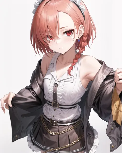 best quality,highly detailed,masterpiece,ultra-detailed,solo,(Delicate eyes),(white background:1.3),red eyes,standing,beltskirt,[trench coat:20],jewelry, mole_under_eye, looking_at_viewer, frilled_hairband,earrings