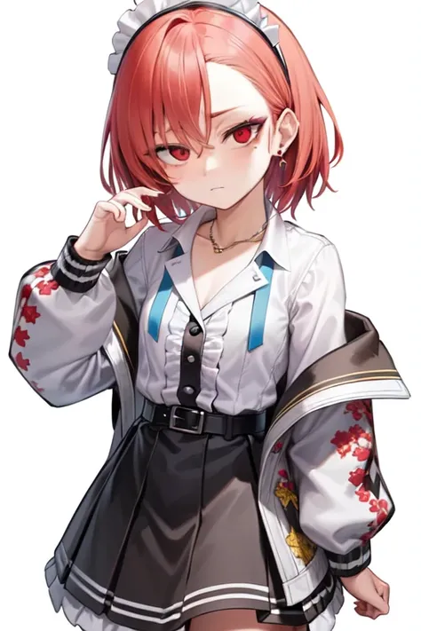 masterpiece, best quality, <lora:blueArchiveMikamo_mnV1:0.4>, highly detailed,ultra-detailed,solo,(Delicate eyes),(white background:1.3),red eyes,standing,beltskirt,[trench coat:20],jewelry, mole_under_eye, looking_at_viewer, frilled_hairband,earrings