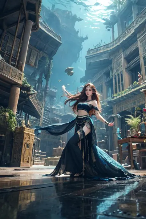 (otherworldly, otherworldly atmosphere, otherworldly appearance), highly insanely detailed, masterpiece, top quality, best quality, highres, 4k, 8k, RAW photo, ((ancient egyptian theme:1.2)), Hong Kong structure, structure, (mystical theme), mystical gatmosphere, arcane sanctuaries, otherwordly aura, (long_hair, long hair, random colors hair, glowing hair, hair over one eye, long messy hair), (eyelashes, eyeliner, eyeshadow, eyelashes, long eyelashes), collar, earrings, jewelry, necklace, armlet, tentacle, (underwater), nsfw, Homestay, Resort, (Guest House:1.1), building, structure, still life, swirling energy, action pose, drunk, closed eyes, high-heels, reflection, reflective floor, shawl, abandoned building, shopping mall, overgrown with vegetation, [volumetric fog], cinematic lighting, colorfu, belly bottom, masterpiece, best quality, ultra-detailed, official art, 1girl, <lora:one-shoulder_sweater-08:0.6>, one-shoulder sweater, pastel blue sweater, brown hair, blue eyes, outdoors, (fantasy world)