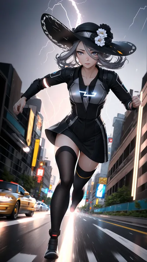 <lora:cogita_pokemon:0.8> cogita, 1girl, grey eyes, hair over one eyes, long black dress, black hat, hat flower, BREAK, <lora:Super_speed_running_V2-10:0.65> super speed, running, lighting, light trails, (motion blur:1.15), masterpiece, best quality, extremely detailed, highly quality, 4k, sharp focus, professional, sharp focus, award winning, cinematic lighting, octane render, unreal engine, volumetrics dtx, Wallpaper,
