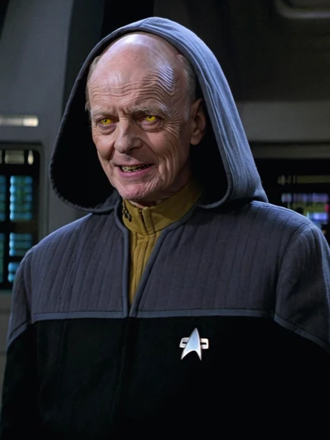 photo of [emperor Palpatine|Ian McDiarmid] wearing <lora:DS9XL:0.8> gray ds9st uniform, yellow collar, (((large hood))), dark shadow on eyes, evil laugh