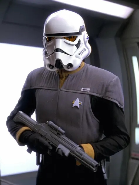 photo of a [stormtrooper] wearing <lora:DS9XL:0.8> gray ds9st uniform, yellow collar, helmet, holding a blaster rifle