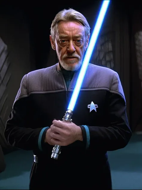 photo of a man Alec Guinness as Obi Wan Kenobi wearing black and grey ds9st uniform, teal collar <lora:DS9XL:0.8>, holding blue glowing lightsaber