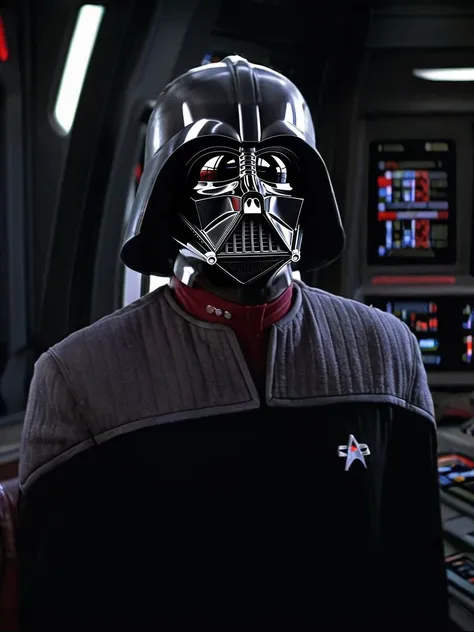 portrait of Darth Vader wearing black and grey ds9st uniform, red collar <lora:DS9XL:0.8>, black sunglasses, on the bridge of a starship