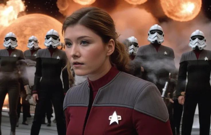 jewel_staite, <lora:JewelStaiteXL:0.8>, a woman dressed in red star trek uniform, ds9st uniform, Star Trek, star wars, darth vader, on a moon base, storm troopers fighting cylons in background, epic battle, fire, smoke, explosions, laser fire, fantasy planet, futuristic space ships, <lora:DS9XLV21_16:0.7>, ((perfect eyes, detailed eyes,realistic eyes)), ((sharp face, detailed face, realistic face, naturtal skin, realistic skin, detailed skin, pores))