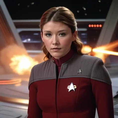 jewel_staite, <lora:JewelStaiteXL:0.8>, a woman dressed in red star trek uniform, ds9st uniform, Star Trek, star wars, darth vader, on a moon base, storm troopers fighting cylons in background, epic battle, fire, smoke, explosions, laser fire, fantasy planet, futuristic space ships, <lora:DS9XLV21_16:0.7>, ((perfect eyes, detailed eyes,realistic eyes)), ((sharp face, detailed face, realistic face, naturtal skin, realistic skin, detailed skin, pores))