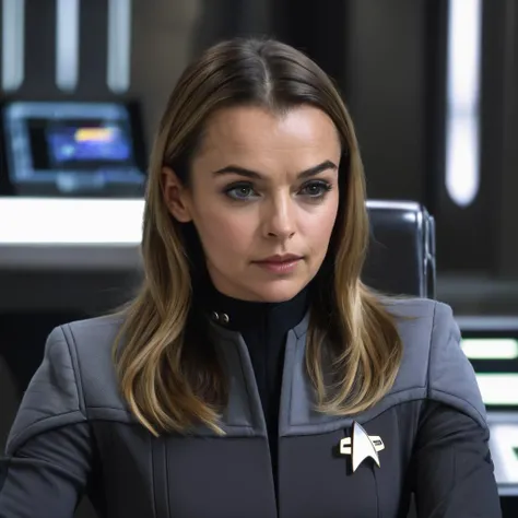 bianca_bradey, <lora:BiancaBradeyXL:0.7>, solo, looking at viewer, long hair, wearing ds9st uniform, sitting, closed mouth, indoors, from side, futuristic tablet, profile, blurry background, chair, communicator, table, realistic, futuristic computer ,<lora:DS9XLV21_16:0.6>, ((perfect eyes, detailed eyes,realistic eyes)), ((sharp face, detailed face, realistic face, naturtal skin, realistic skin, detailed skin, pores))