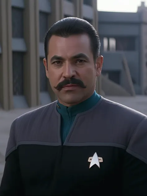 latino man with a big moustache,black and grey ds9st uniform,teal collar,in ruined city,touching moustache<lora:DS9XL:0.7>