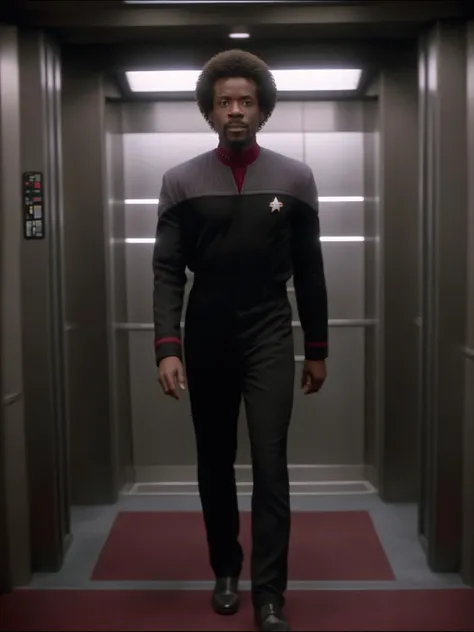 young african man with afro in black and grey ds9st uniform,red collar,in an elevator<lora:DS9XL:0.8>