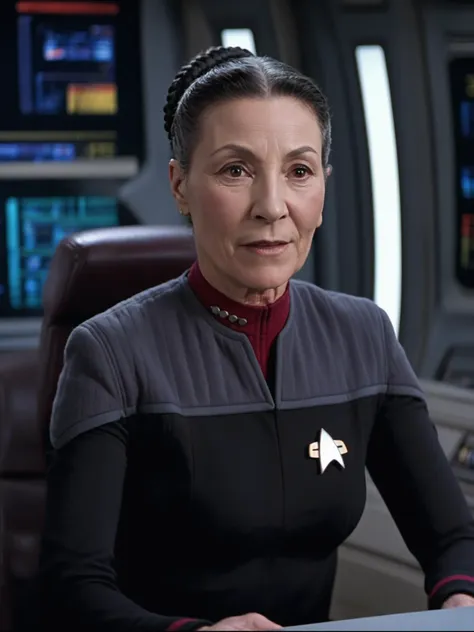 older woman with black braided hair,black and grey ds9st uniform,red collar,sitting,space station<lora:DS9XL:0.8>