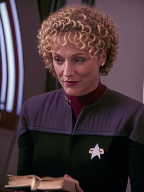 blond woman,curly hair, in black and grey ds9st uniform,red collar,in a room,holding book<lora:DS9XLV21_16-000004:0.8>