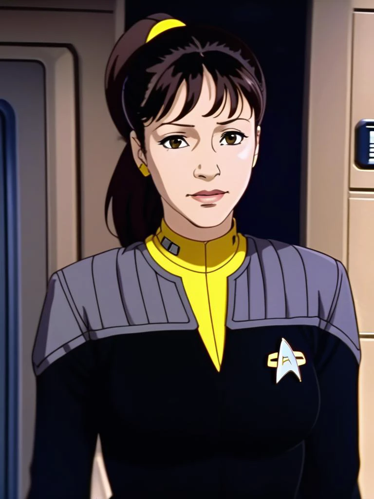 A anime screenshot,latino woman,brown hair,ponytail,black and grey ds9st uniform,(yellow collar:1.5),in a hallway,long sleeve<lora:DS9XLV21_16-000004:0.51>