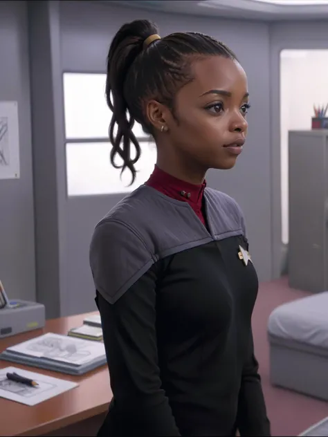 drawing,anime,african woman with ponytail in black and grey ds9st uniform,red collar,messy room<lora:DS9XL:0.8>