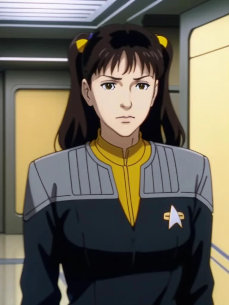 A anime screenshot,latino woman,brown hair,ponytail,black and grey ds9st uniform,(yellow collar:1.5),in a hallway,long sleeve<lora:DS9XL:0.5>