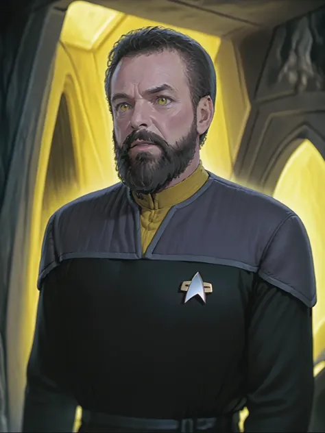 scared man with a big beard,black and grey ds9st uniform,yellow collar,in a cave<lora:DS9XL:0.8>