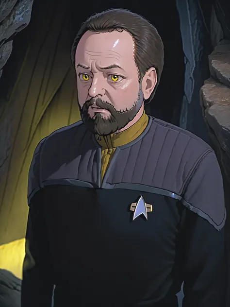 scared man with a big beard,black and grey ds9st uniform,yellow collar,in a cave<lora:DS9XLV21_16-000004:0.8>