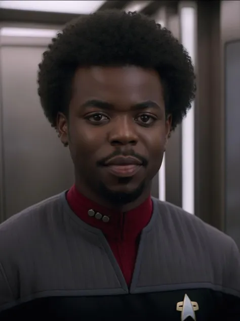 young african man with afro in black and grey ds9st uniform,red collar,in an elevator<lora:DS9XL:0.8>