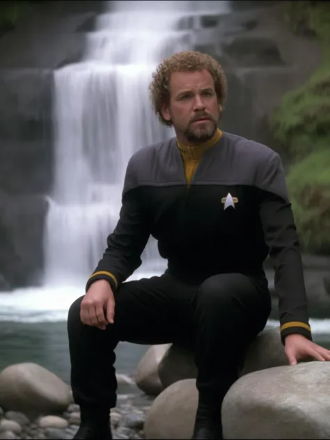 man with curly hair and beard in black and yellow ds9st uniform,sitting on a rock near a waterfall<lora:DS9XL:0.8>