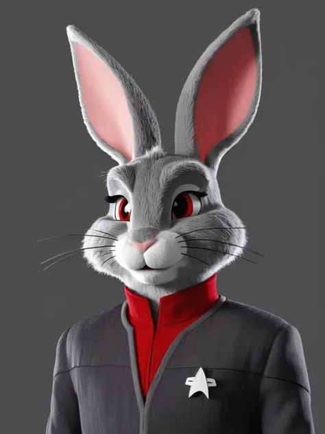 Bugs Bunny <lora:DS9XLVGRAD3:0.7> black and grey ds9st uniform, red collar,, , Cartoon illustration style, whimsical and expressive characters, exaggerated features and emotions,