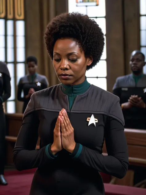 african woman,afro, in black and grey ds9st uniform,teal collar,praying in a church<lora:DS9XLV21_16-000004:0.8>