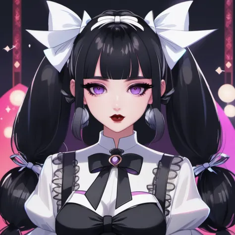 masterpiece, best quality, 1girl, gothic, black lips, solo, black hair, makeup, twin tails, hair buns, multicolored hair, white hair, bangs, eyeshadow, cross, hair bow, bow, lipstick, two-tone hair, fishnets, mascara, hair ornament, (Genshin Impact)
