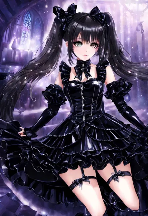 (gothic, gothic tafashion, dark persona:1), (corrupted dark magical girl, long hair:1.2), (gothic frilly lolishion dress:1.2), (latex gloves, multilayered dress:1), (shiny glossy translucent clothing, gleaming oily latex fabric:1.1), backlight, (gothiclolita boots, shoes focus, fishnet stockings, garterbelt:1.2), (many frills, big bow, lace:1.3), (glossy lips, eyeshadow, mascara, dark makeup:1.2), (sitting on latex sofa:1.3),