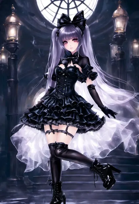 (gothic, gothic tafashion, dark persona:1), (corrupted dark magical girl, long hair:1.2), (gothic frilly lolishion dress:1.2), (latex gloves, multilayered dress:1), (shiny glossy translucent clothing, gleaming oily latex fabric:1.1), backlight, (gothiclolita boots, shoes focus, fishnet stockings, garterbelt:1.2), (many frills, big bow, lace:1.3), (glossy lips, eyeshadow, mascara, dark makeup:1.2), (sitting on latex sofa:1.3),