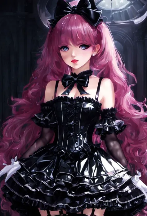 (gothic, gothic tafashion, dark persona:1), (corrupted dark magical girl, long hair:1.2), (gothic frilly lolishion dress:1.2), (latex gloves, multilayered dress:1), (shiny glossy translucent clothing, gleaming oily latex fabric:1.1), backlight, (gothiclolita boots, shoes focus, fishnet stockings, garterbelt:1.2), (many frills, big bow, lace:1.3), (glossy lips, eyeshadow, mascara, dark makeup:1.2), (sitting on latex sofa:1.3),