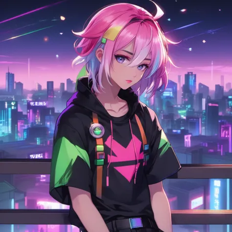 (highres:1.1), best quality, (masterpiece:1.3), beautiful lighting, intricate (high detail:1.2), 1boy, solo, transgender male, two tone hair, multicolored hair, white hair, pink hair, red hair, green hair, purple eyes, long hair, wearing a black and pink anime tshirt, denim jeans, makeup, wristband, lipstick, jewelry, depth of field, science fiction, cyberpunk, balcony, cityscape, beautiful night sky, (summer:1.2), wind swept hair,{specular highlights : beautiful lighting : volumetric lighting},fxaa