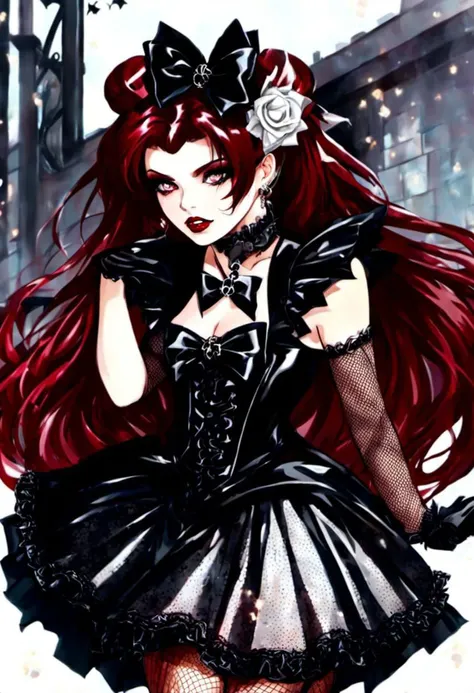 (cinematic vampire film style, gothic tafashion, dark persona:1), (corrupted vampire magical girl, long hair:1.2), (gothic frilly lolishion dress:1.2), (latex gloves, multilayered dress:1), (shiny glossy translucent clothing, gleaming oily latex fabric:1.1), bloodlight, (gothiclolita boots, shoes focus, fishnet stockings:1.2), (many frills, big bow, lace:1.3), (glossy lips, eyeshadow, mascara, dark makeup:1.2), (sitting on latex sofa:1.3), (gloomy:1.1),