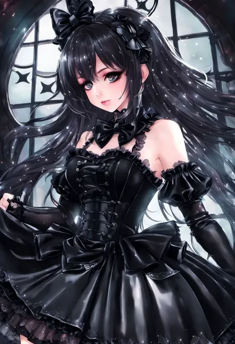 (gothic, gothic tafashion, dark persona:1), (corrupted dark magical girl, long hair:1.2), (gothic frilly lolishion dress:1.2), (latex gloves, multilayered dress:1), (shiny glossy translucent clothing, gleaming oily latex fabric:1.1), backlight, (gothiclolita boots, shoes focus, fishnet stockings, garterbelt:1.2), (many frills, big bow, lace:1.3), (glossy lips, eyeshadow, mascara, dark makeup:1.2), (sitting on latex sofa:1.3),