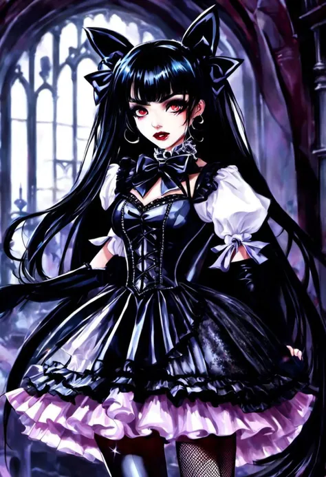 (cinematic vampire film style, gothic tafashion, dark persona:1), (corrupted vampire magical girl, long hair:1.2), (gothic frilly lolishion dress:1.2), (latex gloves, multilayered dress:1), (shiny glossy translucent clothing, gleaming oily latex fabric:1.1), bloodlight, (gothiclolita boots, shoes focus, fishnet stockings:1.2), (many frills, big bow, lace:1.3), (glossy lips, eyeshadow, mascara, dark makeup:1.2), (sitting on latex sofa:1.3), (gloomy:1.1),