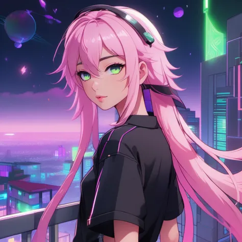 (highres:1.1), best quality, (masterpiece:1.3), beautiful lighting, intricate (high detail:1.2), 1boy, solo, transgender male, two tone hair, multicolored hair, white hair, pink hair, red hair, green hair, purple eyes, long hair, wearing a black and pink anime tshirt, denim jeans, makeup, wristband, lipstick, jewelry, depth of field, science fiction, cyberpunk, balcony, cityscape, beautiful night sky, (summer:1.2), wind swept hair,{specular highlights : beautiful lighting : volumetric lighting},fxaa