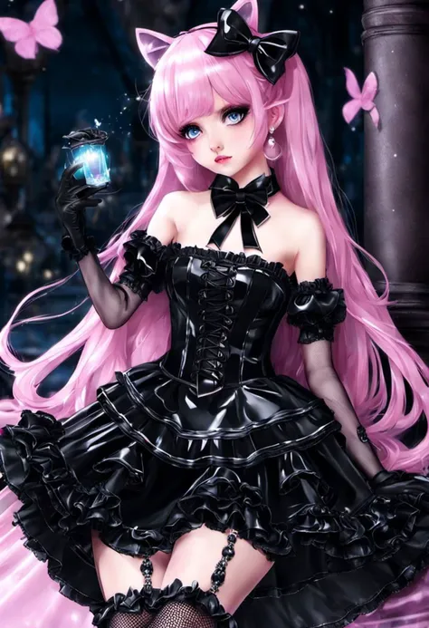 (gothic, gothic tafashion, dark persona:1), (corrupted dark magical girl, long hair:1.2), (gothic frilly lolishion dress:1.2), (latex gloves, multilayered dress:1), (shiny glossy translucent clothing, gleaming oily latex fabric:1.1), backlight, (gothiclolita boots, shoes focus, fishnet stockings, garterbelt:1.2), (many frills, big bow, lace:1.3), (glossy lips, eyeshadow, mascara, dark makeup:1.2), (sitting on latex sofa:1.3),