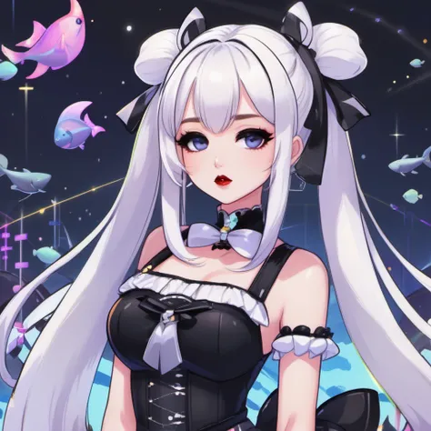masterpiece, best quality, 1girl, gothic, black lips, solo, black hair, makeup, twin tails, hair buns, multicolored hair, white hair, bangs, eyeshadow, cross, hair bow, bow, lipstick, two-tone hair, fishnets, mascara, hair ornament, (Genshin Impact)