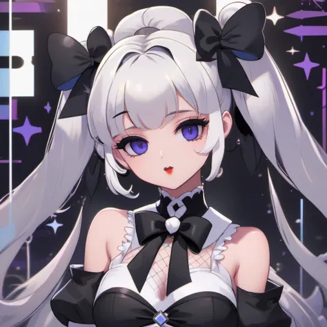 masterpiece, best quality, 1girl, gothic, black lips, solo, black hair, makeup, twin tails, hair buns, multicolored hair, white hair, bangs, eyeshadow, cross, hair bow, bow, lipstick, two-tone hair, fishnets, mascara, hair ornament, (Genshin Impact)
